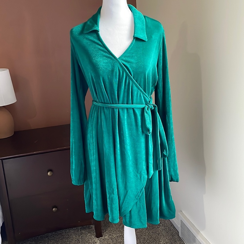 NWT Wild Fable Balloon Sleeve Teal Green Wrap Dress